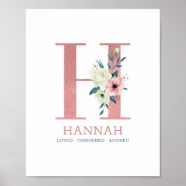 Poster Letra H Monograma Rosa Floral Aquarela Berçário