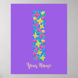 Poster letra I arte de parede floral personalizada