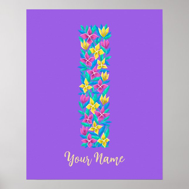Poster letra I arte floral personalizada para parede (Frente)