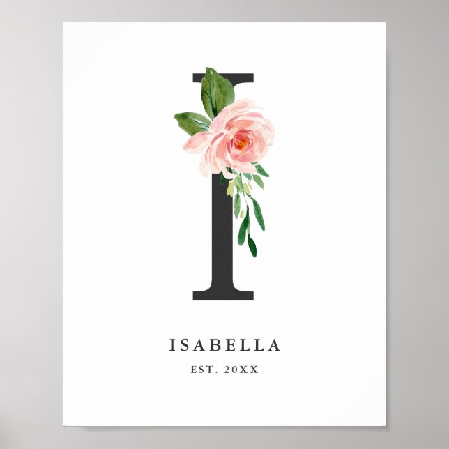 Poster Letra I Monograma Aquarela Peach Floral Nursery (Frente)