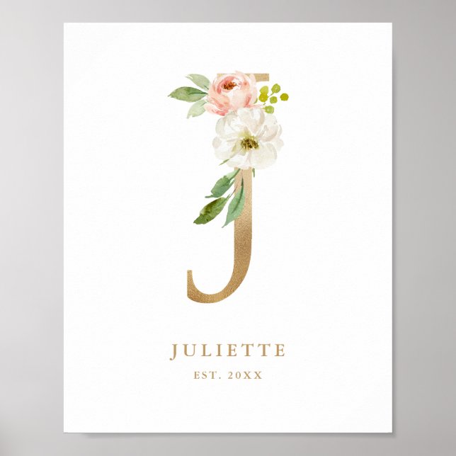 Poster Letra J Blush Floral Monogramas Gold Foil Nursery (Frente)