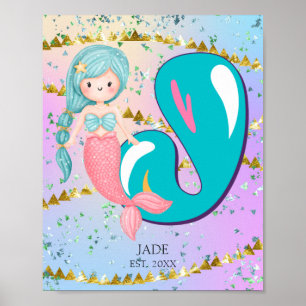 Poster Letra J Monograma Aquarela Enfermeiro de Sereia Cu