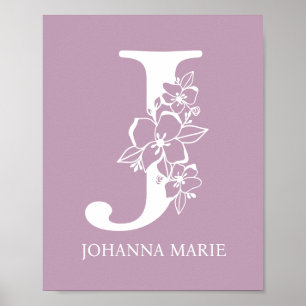 Poster Letra J Monograma Floral Nome Nursery Modern