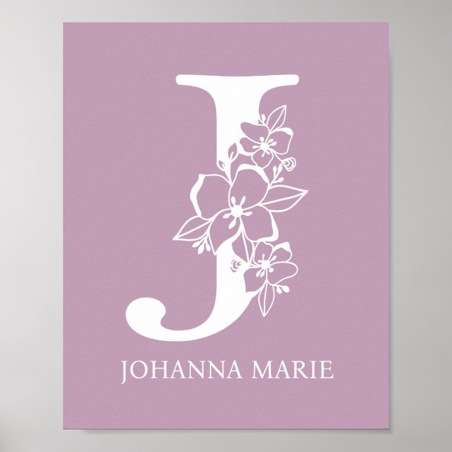 Poster Letra J Monograma Floral Nome Nursery Modern (Frente)