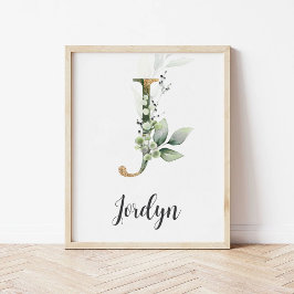 Poster Letra J Monograma Jardim de Infância com Folhagens
