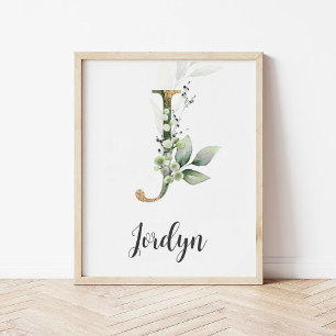 Poster Letra J Monograma Jardim de Infância com Folhagens