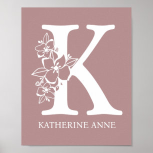 Poster Letra K Monograma Floral Nome Nursery Modern
