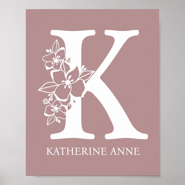 Poster Letra K Monograma Floral Nome Nursery Modern (Frente)