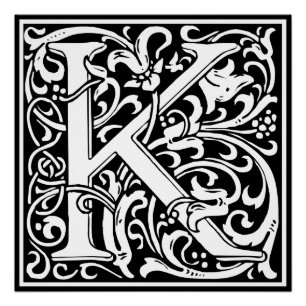 Pôster Letra K Monograma Medieval Art Nouveau