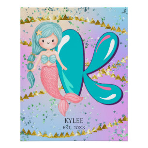 Pôster Letra K Monograma Mola-d-Água Enfermeira-Mermaid C