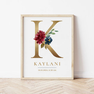 Poster Letra K Monograma Nome Marsala Floral Nursery