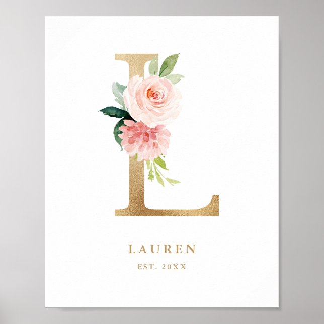 Poster Letra L Blush Monograma Floral Nurserida Ouro (Frente)