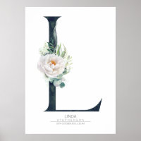 Letra L Monograma Flores Brancas e Folhagens