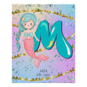 Pôster Letra M Monograma Aquarela Enfermeiro de Sereia Cu