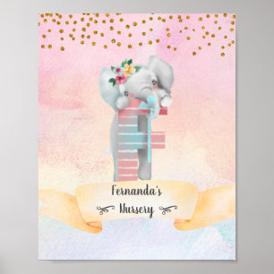 Poster Letra Monograma F Menina Elefante Bebê Berçário