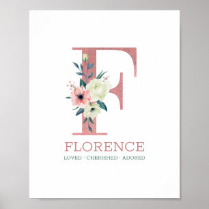 Poster Letra Monograma F Rosa Floral Berçário Aquarela