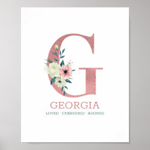 Poster Letra Monograma G Inverso Floral Cor de Água Rosa
