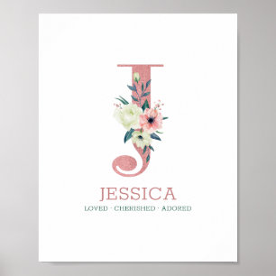 Poster Letra Monograma J Aquarela Rosa Berçário Floral