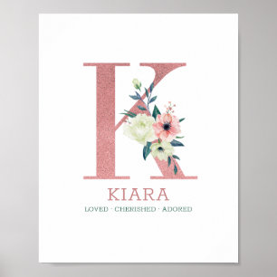 Poster Letra Monograma K Berçário Floral Aquarela Rosa