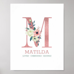 Poster Letra Monograma M Berçário Floral Aquarela Rosa