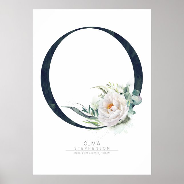 Poster Letra Monograma O Flores Brancas e Folhagens (Frente)