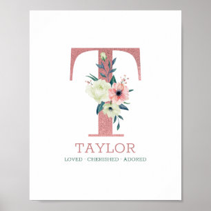 Poster Letra Monograma T Rosa Floral Aquarela Berçário