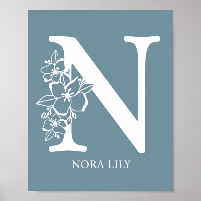Poster Letra N Monograma Floral Nome Nursery Modern (Frente)