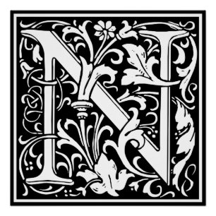 Pôster Letra N Monograma Medieval Arte Nova