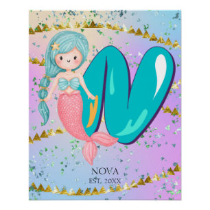 Pôster Letra N Monograma Mola-d-Água Enfermeiro de Sereia
