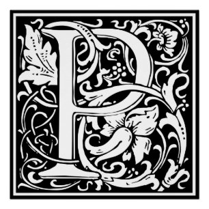 Pôster Letra P Monograma Medieval Art Nouveau
