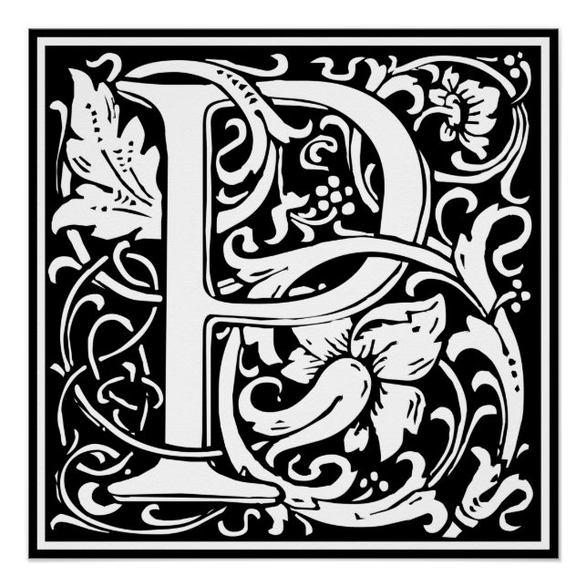 Pôster Letra P Monograma Medieval Arte Nova (Frente)