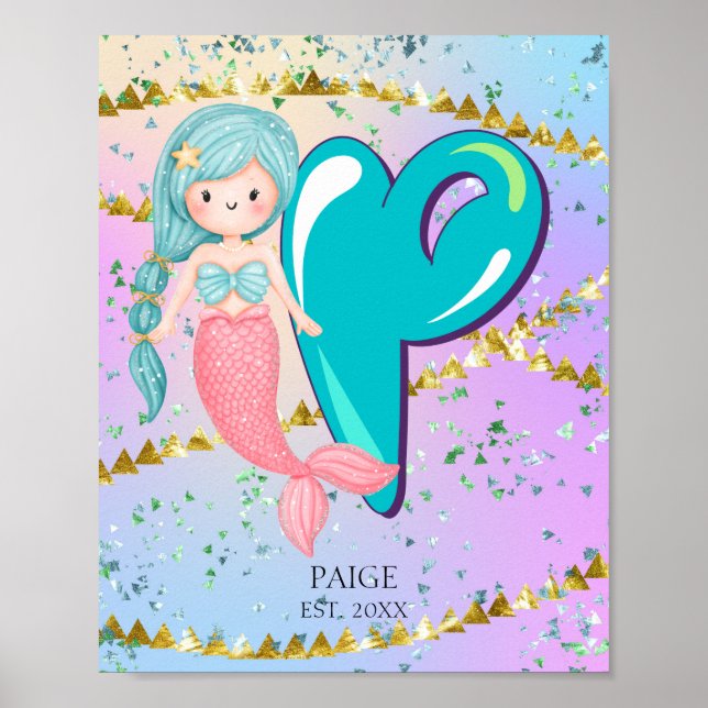 Poster Letra P Monograma Mola Aquarela Enfermeiro Sereia  (Frente)