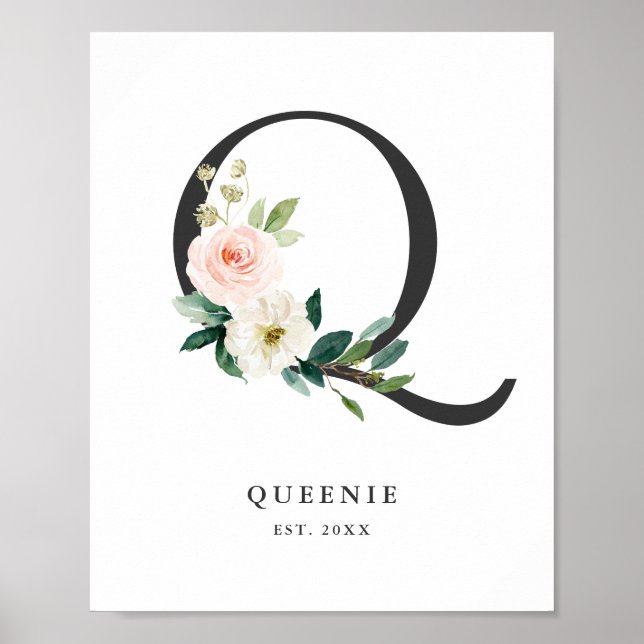 Poster Letra Q Monograma Aquarela Peach Floral Nursery (Frente)