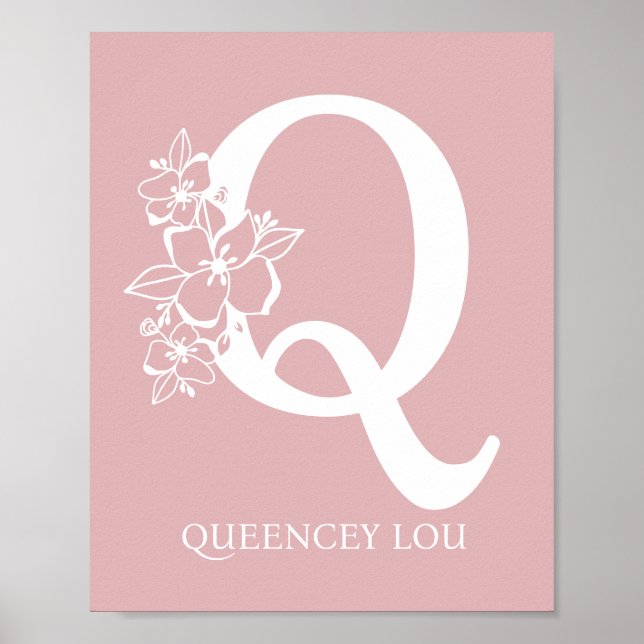 Poster Letra Q Monograma Floral Nome Nursery Modern (Frente)