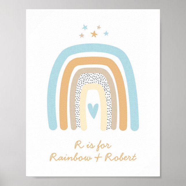 Poster Letra R Arco-Íris Monograma Nome Muro Azul (Frente)