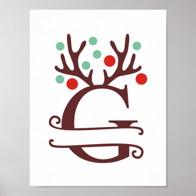 Poster Letra Reindeer Personalizada G Monograma Dividido (Frente)