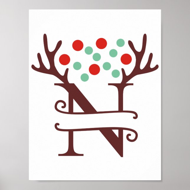 Poster Letra Reindeer Personalizada N Monograma Dividido (Frente)