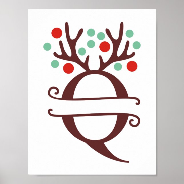 Poster Letra Reindeer Personalizada Q Dividir Monograma (Frente)