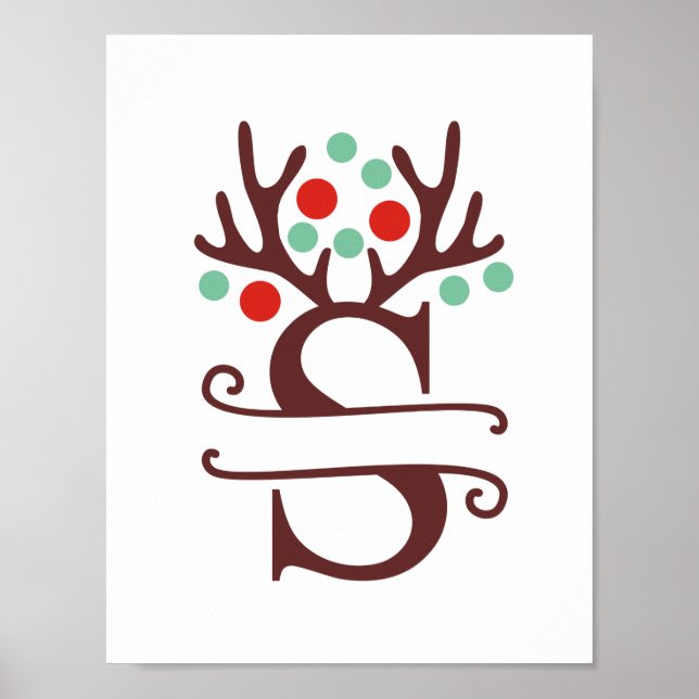 Poster Letra Reindeer Personalizada S Monograma Dividido (Frente)