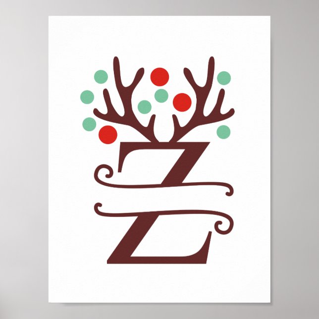 Poster Letra Reindeer Personalizada Z Monograma Dividido (Frente)
