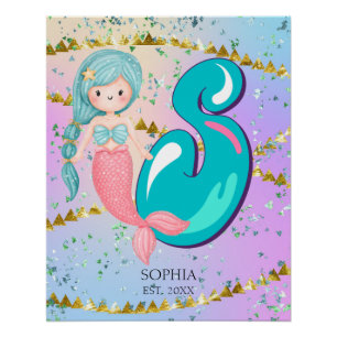 Pôster Letra S Monograma Aquarela Enfermeiro de Sereia Cu