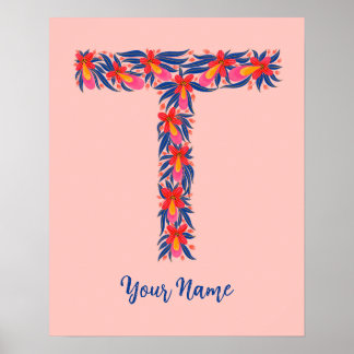 Poster letra T - arte floral personalizada