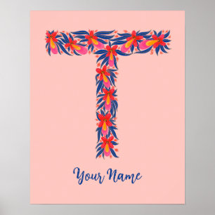 Poster letra T arte floral personalizada para parede