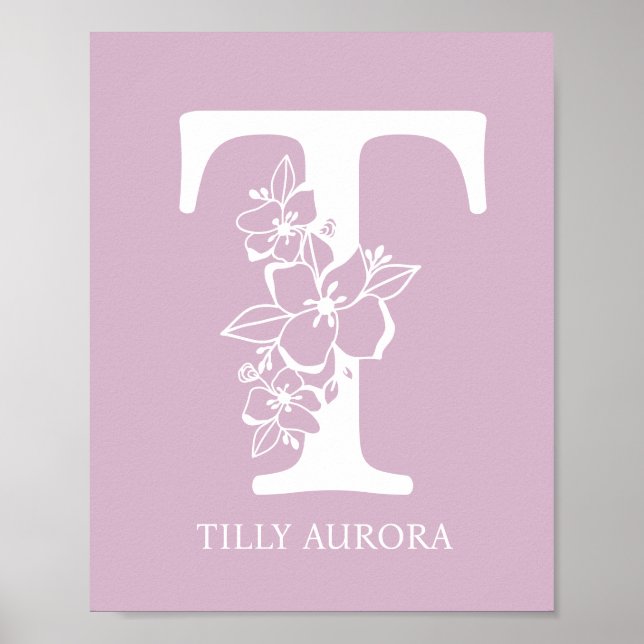 Poster Letra T Monograma Floral Nome Nursery Modern (Frente)