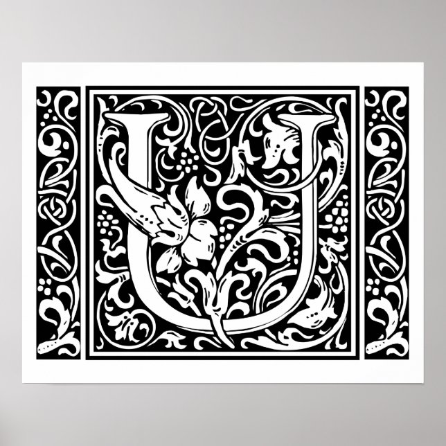 Pôster Letra U Monograma Medieval Art Nouveau (Frente)