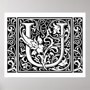 Pôster Letra U Monograma Medieval Arte Nova