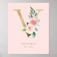 Letra V Blush Floral Monogramas Gold Fil Nursery