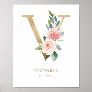 Poster Letra V Blush Floral Monogramas Gold Fil Nursery