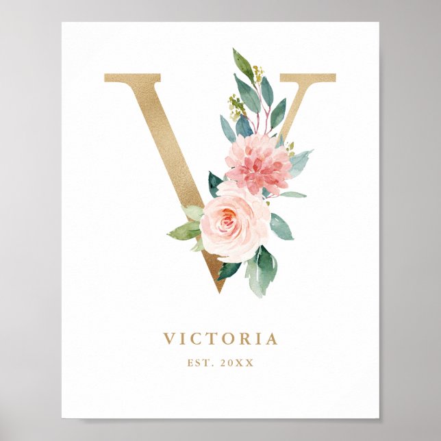 Poster Letra V Blush Floral Monogramas Gold Fil Nursery (Frente)