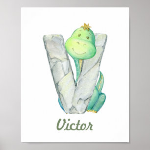 Poster Letra V do Dinossauro Cute com Decor de Bebê Perso